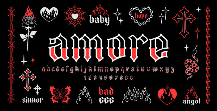 "AMORE" Y2k Vintage Gothic tattoo art and vector font type. Y2k tattoo set of cross, rose, flame, heart chain pattern etc. Vintge gothic style font. Aesthetic 2000s. Barbed wire and horn chain frame 