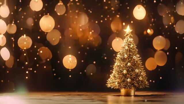 Golden Christmas tree on bokeh background. Christmas and New Year concept, A Christmas and New Year background features a Christmas tree and bokeh lights, AI Generated