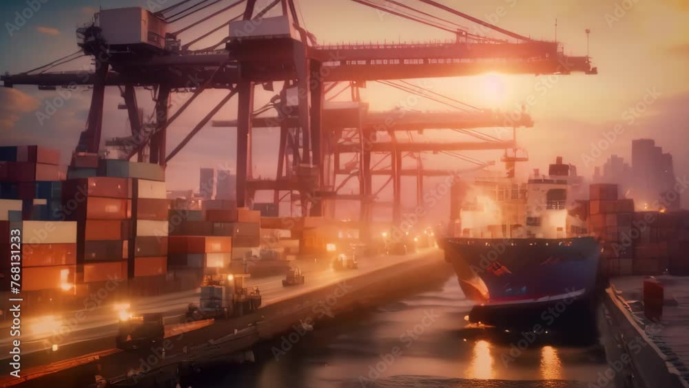 Poster container cargo freight ship with working crane bridge at sunset for logistic import export backgrou