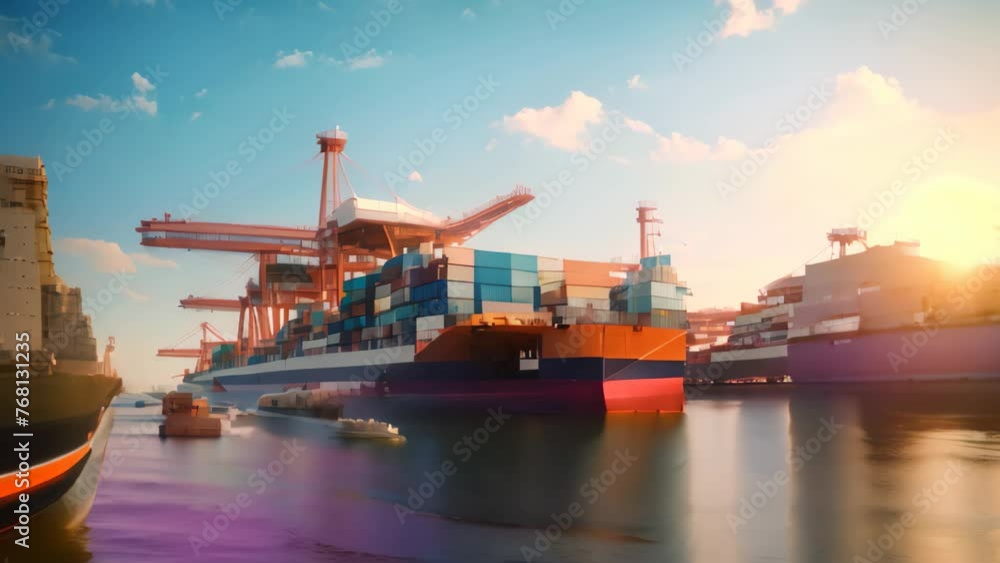 Poster container cargo freight ship with working crane bridge in shipyard for logistic import export backgr