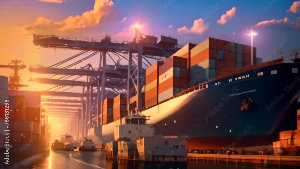 Poster container cargo freight ship with working crane bridge at sunset for logistic import export backgrou