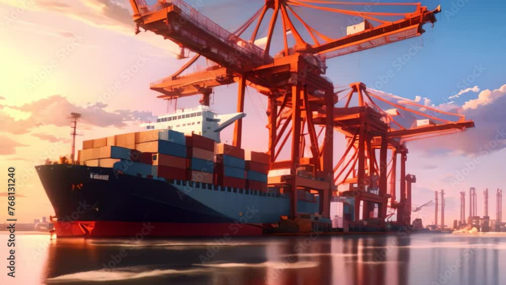 Poster container cargo freight ship with working crane bridge in shipyard for logistic import export backgr