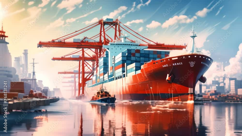 Poster container cargo freight ship with working crane bridge in shipyard for logistic import export backgr