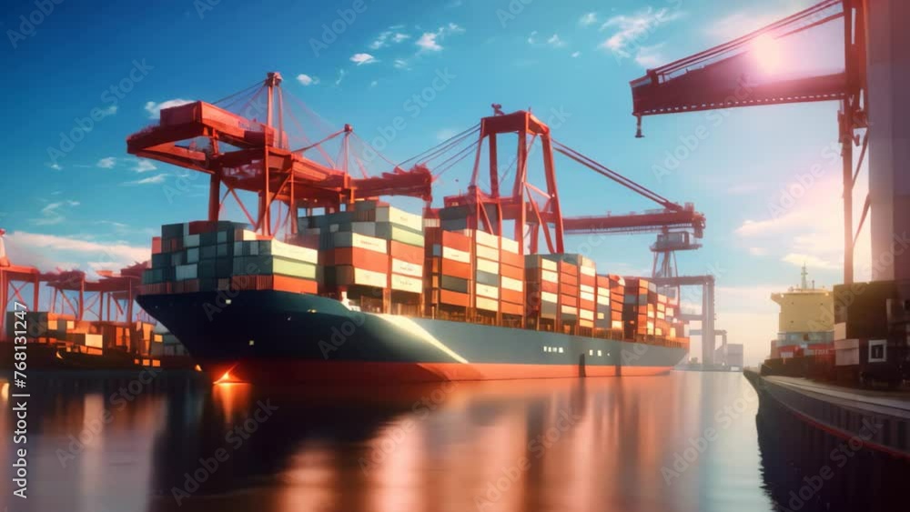 Poster container cargo freight ship with working crane bridge in shipyard for logistic import export backgr