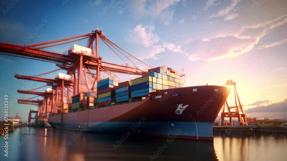 Poster container cargo freight ship with working crane bridge in shipyard for logistic import export backgr