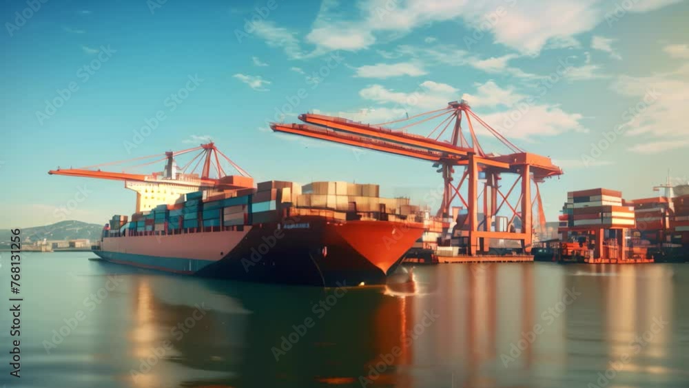 Poster container cargo freight ship with working crane bridge at sunset for logistic import export backgrou