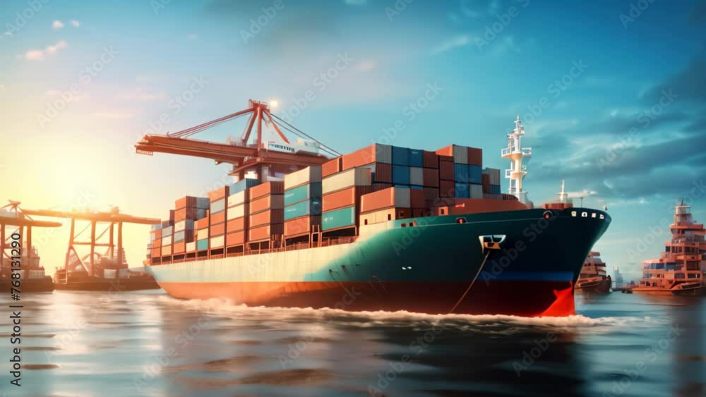 Poster containers loading and unloading at the port terminal. 3d rendering, a container cargo freight ship 