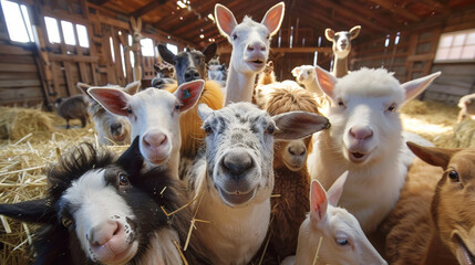 Goat farm, animals of various breeds gathered together in the barn for a selfie photo session, cheerful and curious expressions on their faces - obrazy, fototapety, plakaty