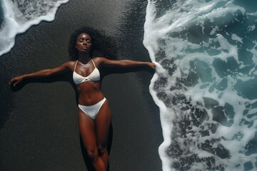 Woman embracing sun on sandy beach - Powered by Adobe