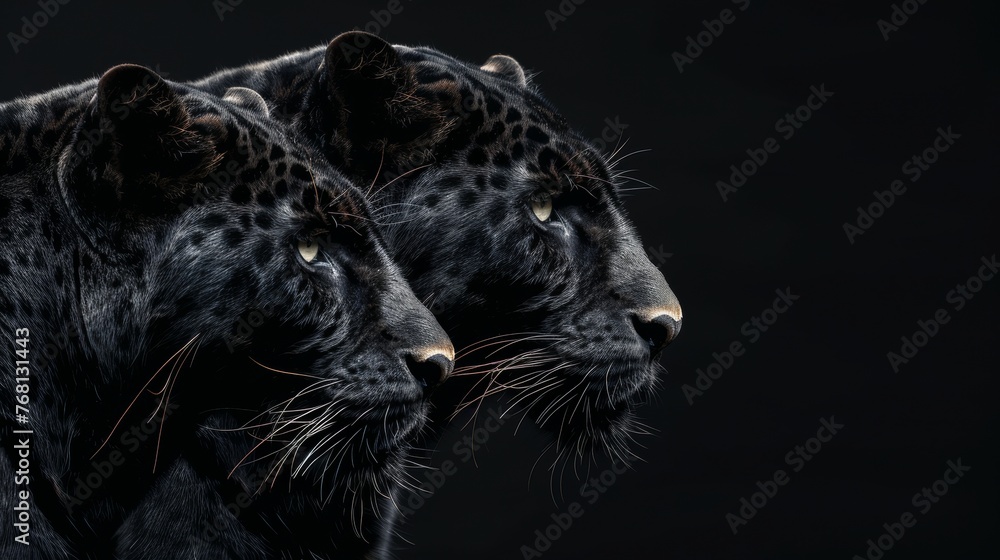 Poster panther and cub portrait with space for text, object on the right, ideal for customization