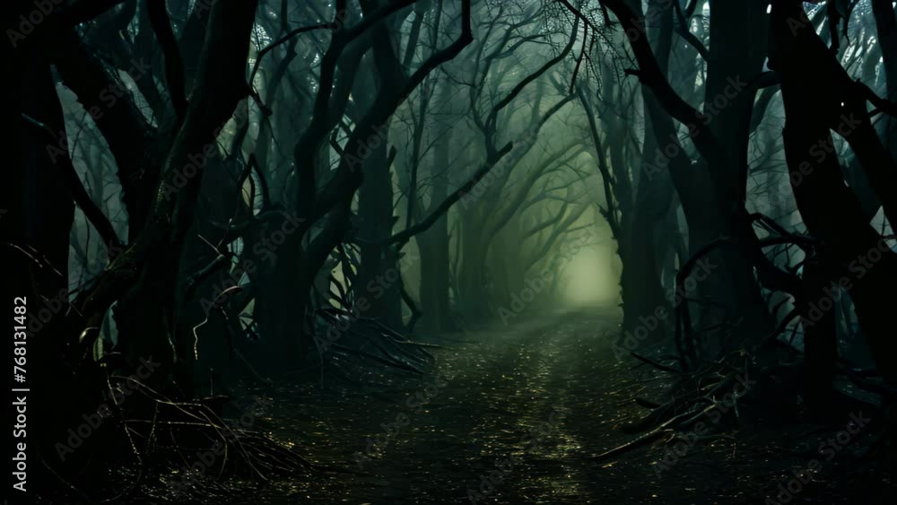 Aufkleber mysterious dark forest with fog and tree trunks in the foreground, a dark forest with numerous trees