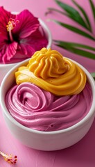Tropical sorbet swirls with mango, pineapple, and passion fruit, palm leaves, hibiscus flowers