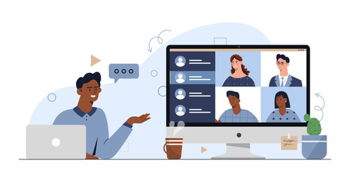 Business video conference. Man communicate with colleagues and partners via video call. Interaction in social networks. Collaboration and cooperation online. Cartoon flat vector illustration