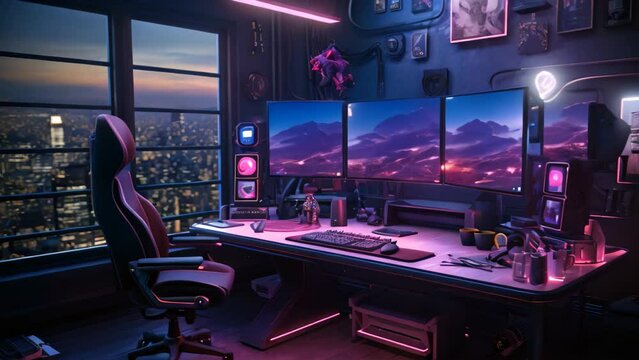 Computer room with night city view. 3D rendering toned image, A cyberpunk gamer workspace with a computer and a mouse is presented in 3D rendering, AI Generated