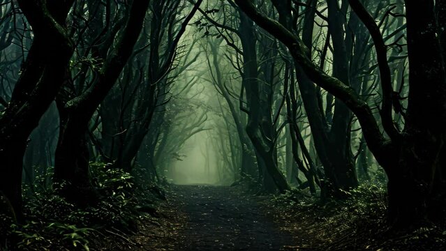 Mysterious dark spooky forest with fog. Halloween concept, A dark forest with numerous trees covered in fog, AI Generated