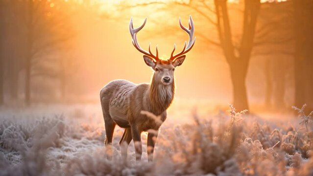 Beautiful red deer stag in winter forest at sunrise. Wildlife scene from nature, A Fallow deer stag during rutting season at sunrise in winter, AI Generated