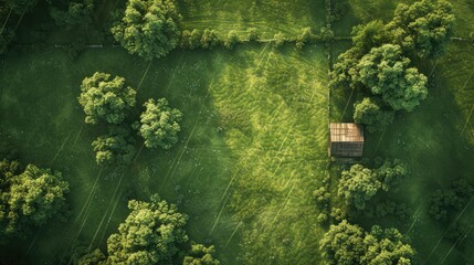 Rural vista: Aerial preview showcases lush green fields in agro culture. Top-down drone view captures scenic pastures and meadows, perfect for agricultural promotions with stunning realism. - obrazy, fototapety, plakaty