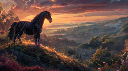 A majestic horse standing on the edge of an ancient valley, overlooking a misty horizon under a vibrant sunset sky