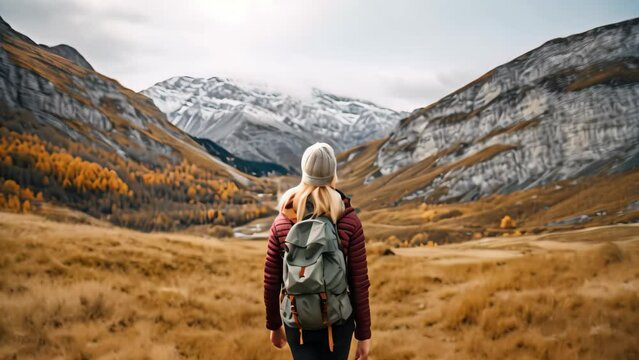 A girl with a backpack on the background of the mountains. The girl looks at the mountains, A female hiker walking in the mountains, no visible faces, natural background, AI Generated