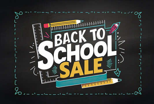 promotional Ad Brightly colored text "Back to School Sale" on a chalkboard background,  with doodles of stationary such as a pencil, ruler, and paper plane. Plenty of room to crop and ad text