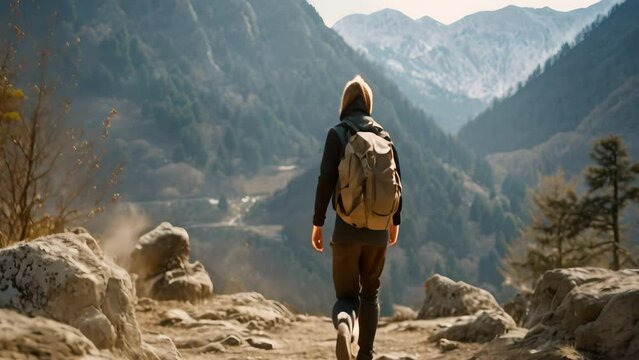 A man with a backpack is standing on the edge of a mountain, A female hiker walking in the mountains, no visible faces, natural background, AI Generated