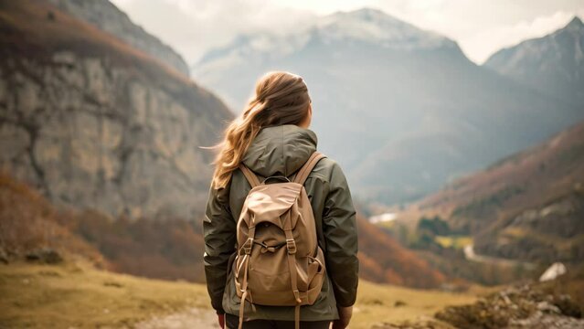 Back view of a young woman with a backpack hiking in the mountains, A female hiker walking in the mountains, no visible faces, natural background, AI Generated