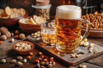 Beer and Snacks on Stone Table. Lager Beer with Nut and Pistachio in Glasses on Wooden Table Background in Pub Setting - obrazy, fototapety, plakaty