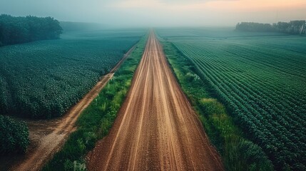 Direct downward drone shot reveals empty dirt road interchange amid lush farm fields. Vast rural landscape exudes tranquility and isolation, ideal for showcasing agricultural expanses.