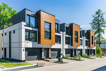 Contemporary Townhouse Community with Two Garages. New Development Complex for Family Homes in Modern House Architecture - obrazy, fototapety, plakaty