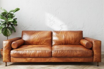 Fototapeta premium Elegant Living Room Interior with Leather Couch in Tenement House: Real Photo with Simple but Chic Design
