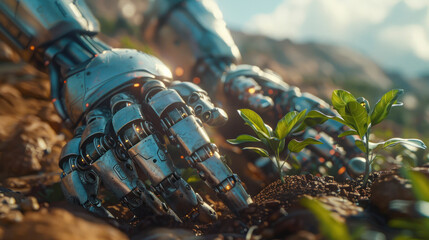 An impactful image displaying robotic hands gently planting seedlings in soil, symbolizing the crossover of automation in agriculture - obrazy, fototapety, plakaty