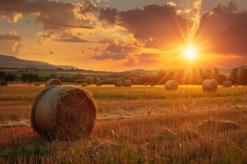 Hay Bales in Agricultural Field at Sunset with Sunlight and Clouds. A Natural and Serene Scene of Growing Hay in the Meadow