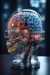 Neurointerface: Human Brain in AI Neural Network. Digital immortality concept. - obrazy, fototapety, plakaty