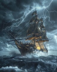 An old sailing ship facing the stormy sea, lightning in the background , 3D render
