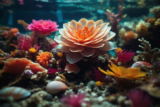 A vibrant and colorful underwater scene showcases blooming water lilies in shades of pink, orange, and purple among small fish and coral. © ipolstock