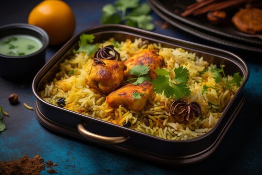 Tasty biryani in a bento box against a pastel or soft colors background