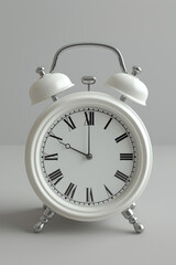 Classic white alarm clock stands punctually, a timeless reminder of moments ticking by in monochromatic serenity.
