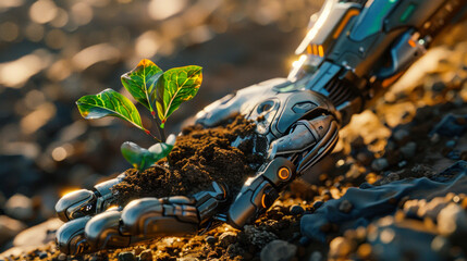 Sunlight glimmers on a robot's hand carefully supporting a young green leaf, creating a visual narrative of machine supporting emerging natural life