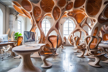 Explore the intersection of biology and technology in an office setting, with furniture and...