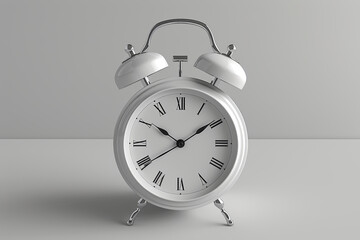 Classic white alarm clock on white background, a timeless reminder of moments ticking by in monochromatic serenity.
