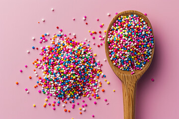 Flat lay of heap colorful sprinkles on wooden spoon over pink background