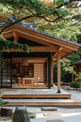 Fototapeta na wymiar Traditional Japanese home with open veranda and garden blending indoor luxury with natural elegance.