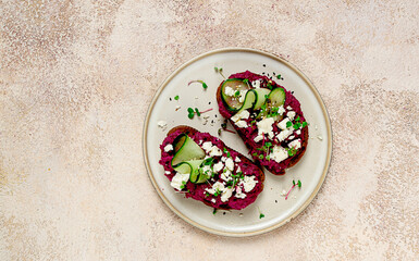 sandwiches with beetroot hummus, cucumber and blue cheese, microgreens, rye bread, breakfast, homemade, no people,