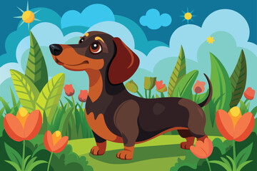 dachshund-dog-in-a-garden-with-grass-and-flowers.eps