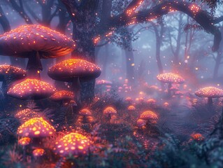 Fototapeta na wymiar Fantasy forest with glowing mushrooms and ethereal fog , cinematic