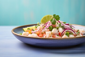Delicious ceviche on a porcelain platter against a pastel or soft colors background