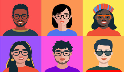 Retrato de grupo de personas diferentes con fondo de colores. Set vector de diversidad de personas con gafas.  - obrazy, fototapety, plakaty