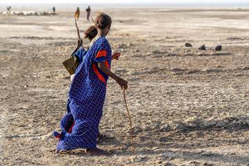 Djibouti, Afar shepherds walking at the lake Abbé	