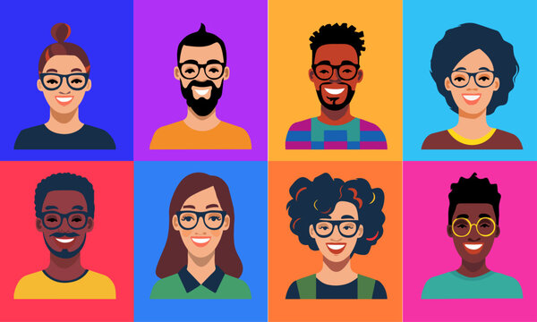 Retrato de medio cuerpo de grupo de personas con sonrisa de diferentes razas. Diversidad de personas de colores. Set vector de personas con gafas.