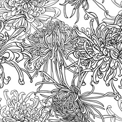 Peonies and Chinese chrysanthemums - seamless background of blue monochrome on a white background in Sketch drawing and line art style. Random pattern. Handmade vector image - 768133413